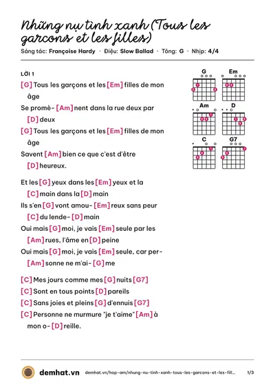 Hợp âm Những nụ tình xanh (Tous les garcons et les filles) (Thanh Lan) – bản nhạc PDF trang 1, tông G