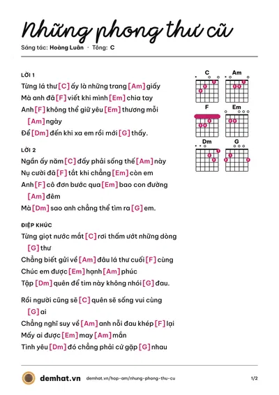 Hợp âm Những phong thư cũ (Hoàng Luân) – bản nhạc PDF trang 1, tông C