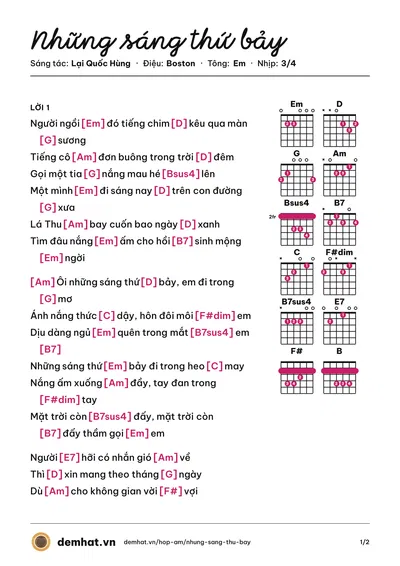 Hợp âm Những sáng thứ bảy (Ngọc Quy) – bản nhạc PDF trang 1, tông Em