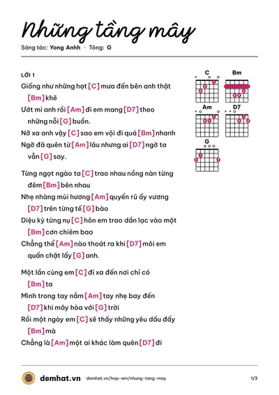 Hợp âm Những tầng mây (Yong Anhh) – bản nhạc PDF trang 1, tông G