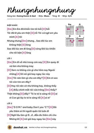 Hợp âm Nhungnhungnhung (Dương Domic) – bản nhạc PDF trang 1, tông D