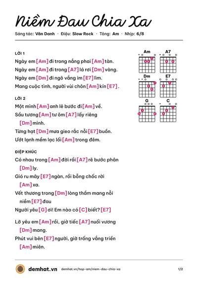 Hợp âm Niềm Đau Chia Xa (Nguyễn Phong) – bản nhạc PDF trang 1, tông Am