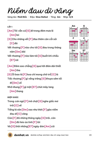 Hợp âm Niềm đau dĩ vãng (Mười Bốn) – bản nhạc PDF trang 1, tông Am