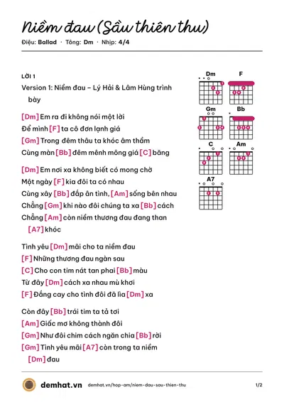 Hợp âm Niềm đau (Sầu thiên thu) (Lý Hải) – bản nhạc PDF trang 1, tông Dm