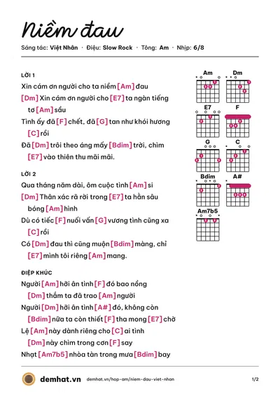 Hợp âm Niềm đau (Việt Nhân) – bản nhạc PDF trang 1, tông Am