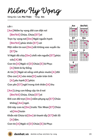 Hợp âm Niềm Hy Vọng (Lm. Mai Thiện) – bản nhạc PDF trang 1, tông Am