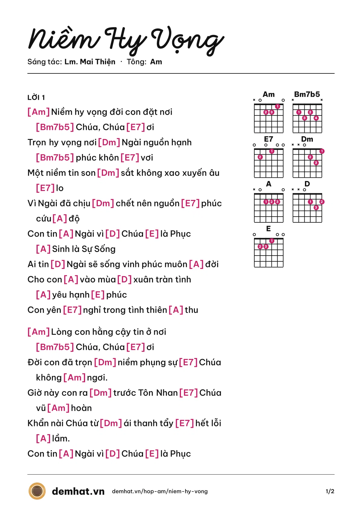 Hợp âm Niềm Hy Vọng – bản nhạc PDF trang 1, tông Am