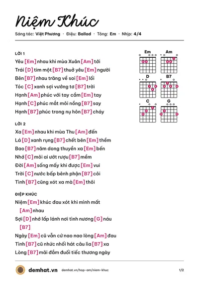 Hợp âm Niệm Khúc (Việt Phương) – bản nhạc PDF trang 1, tông Em
