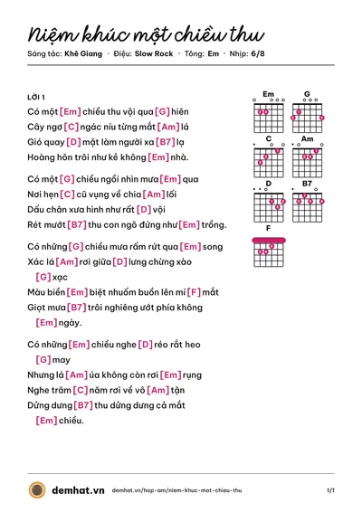 Hợp âm Niệm khúc một chiều thu (Thu Hà) – bản nhạc PDF trang 1, tông Em