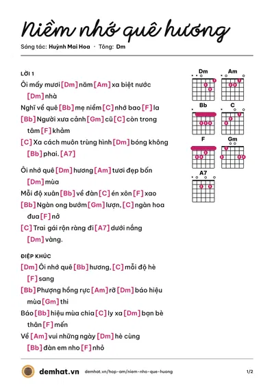 Hợp âm Niềm nhớ quê hương (Đoàn Minh) – bản nhạc PDF trang 1, tông Dm