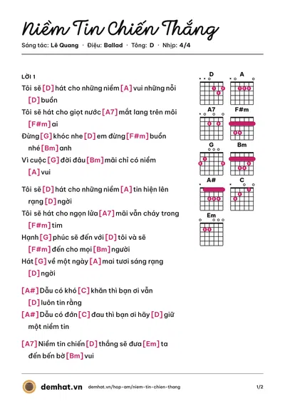 Hợp âm Niềm Tin Chiến Thắng (Mỹ Tâm) – bản nhạc PDF trang 1, tông D