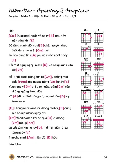 Hợp âm Niềm tin - Opening 2 Onepiece (Kim Anh) – bản nhạc PDF trang 1, tông G