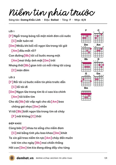 Hợp âm Niềm tin phía trước (Dương Khắc Linh) – bản nhạc PDF trang 1, tông F