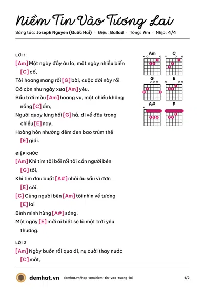 Hợp âm Niềm Tin Vào Tương Lai (Bambyy) – bản nhạc PDF trang 1, tông Am