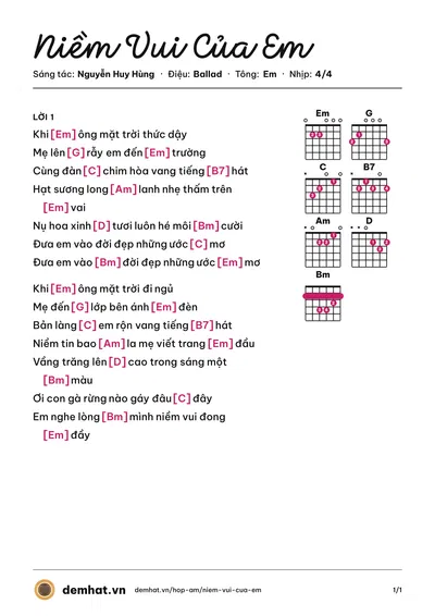 Hợp âm Niềm Vui Của Em (Bé Trang Thư) – bản nhạc PDF trang 1, tông Em