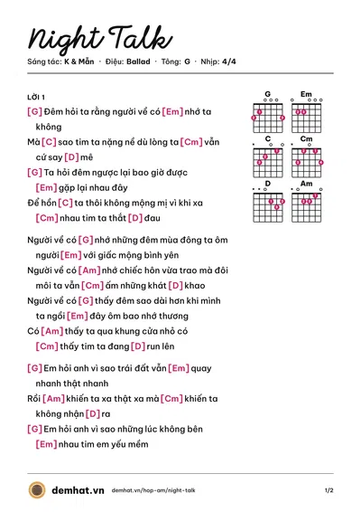 Hợp âm Night Talk (Mẫn) – bản nhạc PDF trang 1, tông G