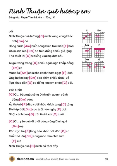 Hợp âm Ninh Thuận quê hương em (Bích Ngọc) – bản nhạc PDF trang 1, tông C
