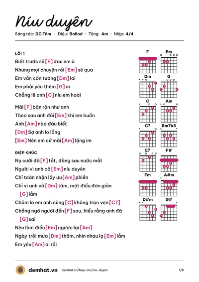 Hợp âm Níu duyên (Lê Bảo Bình) – bản nhạc PDF trang 1, tông Am