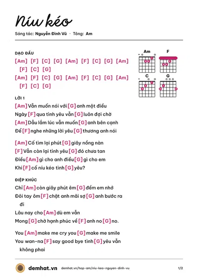 Hợp âm Níu kéo (Nguyễn Đình Vũ) – bản nhạc PDF trang 1, tông Am