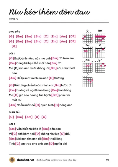 Hợp âm Níu kéo thêm đớn đau (Kiwi Ngô Mai Trang) – bản nhạc PDF trang 1, tông G