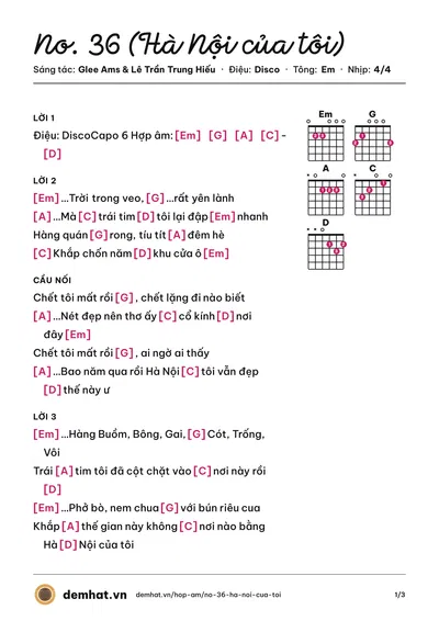 Hợp âm No. 36 (Hà Nội của tôi) (Glee Ams) – bản nhạc PDF trang 1, tông Em