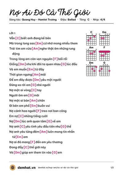 Hợp âm Nợ Ai Đó Cả Thế Giới (Phạm Quỳnh Anh) – bản nhạc PDF trang 1, tông C