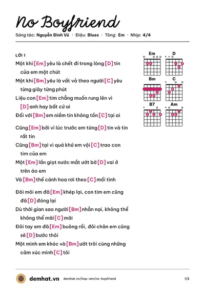 Hợp âm No Boyfriend (Hoàng Yến Chibi) – bản nhạc PDF trang 1, tông Em