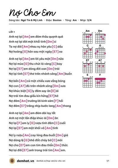 Hợp âm Nợ Cho Em (Trọng Bắc) – bản nhạc PDF trang 1, tông Am