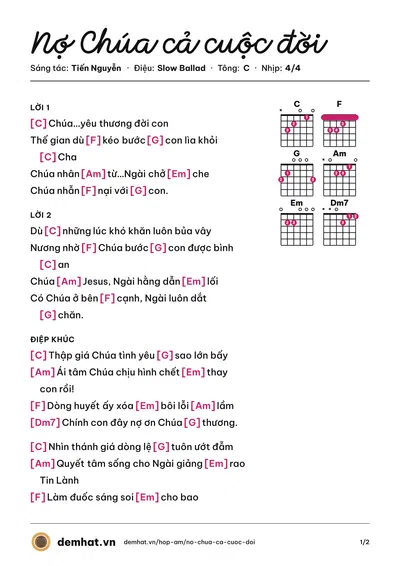 Hợp âm Nợ Chúa cả cuộc đời (NyNy Nguyễn) – bản nhạc PDF trang 1, tông C