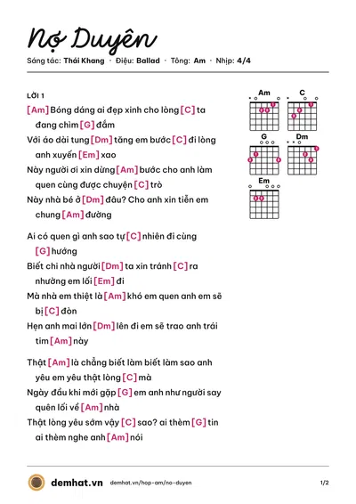 Hợp âm Nợ Duyên (Cẩm Ly) – bản nhạc PDF trang 1, tông Am