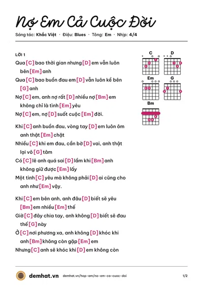 Hợp âm Nợ Em Cả Cuộc Đời (The Men) – bản nhạc PDF trang 1, tông Em