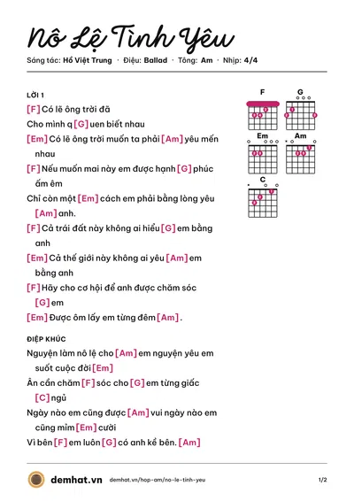 Hợp âm Nô Lệ Tình Yêu (Hồ Việt Trung) – bản nhạc PDF trang 1, tông Am
