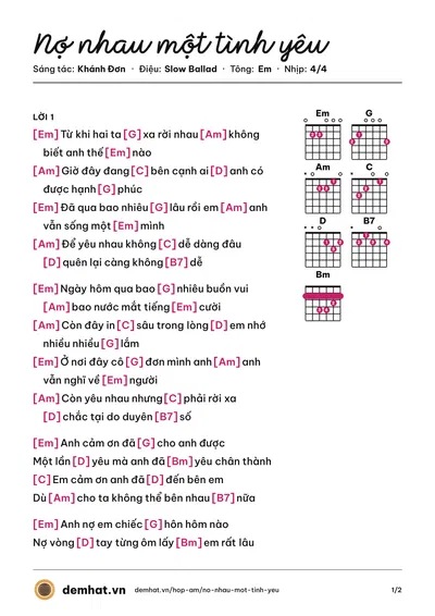 Hợp âm Nợ nhau một tình yêu (Hồ Quang Hiếu) – bản nhạc PDF trang 1, tông Em