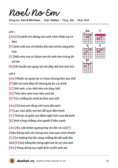 Hợp âm Noel No Em (Minh MT) – bản nhạc PDF trang 1, tông Am
