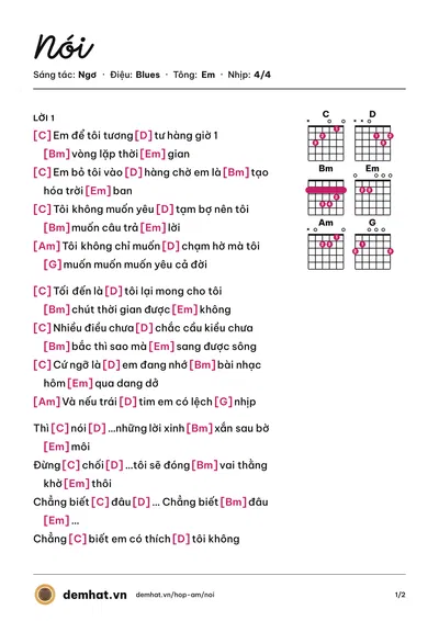 Hợp âm Nói (Ngơ) – bản nhạc PDF trang 1, tông Em