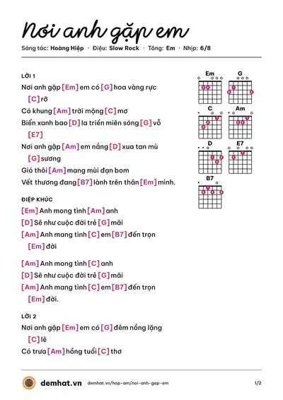 Hợp âm Nơi anh gặp em (Quang Dũng) – bản nhạc PDF trang 1, tông Em