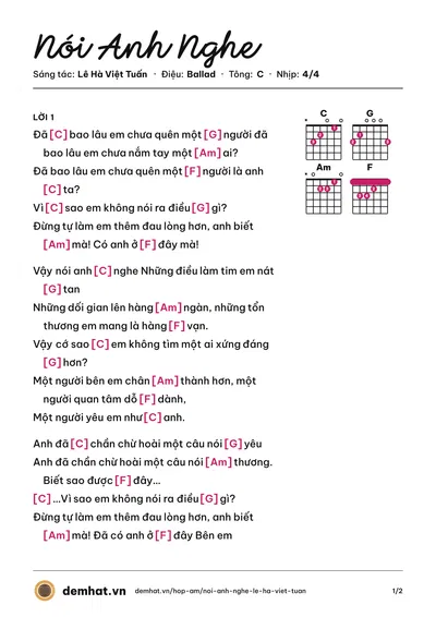 Hợp âm Nói Anh Nghe (Matthco) – bản nhạc PDF trang 1, tông C