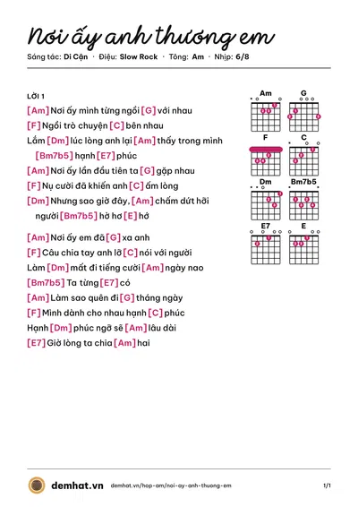 Hợp âm Nơi ấy anh thương em (Kai Quân) – bản nhạc PDF trang 1, tông Am