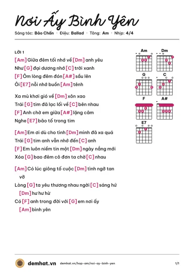 Hợp âm Nơi Ấy Bình Yên (Lam Trường) – bản nhạc PDF trang 1, tông Am