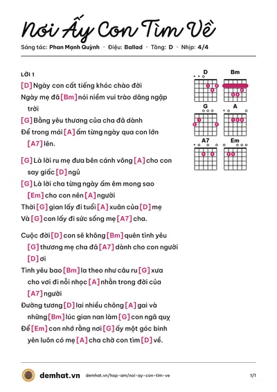 Hợp âm Nơi Ấy Con Tìm Về (Hồ Quang Hiếu) – bản nhạc PDF trang 1, tông D