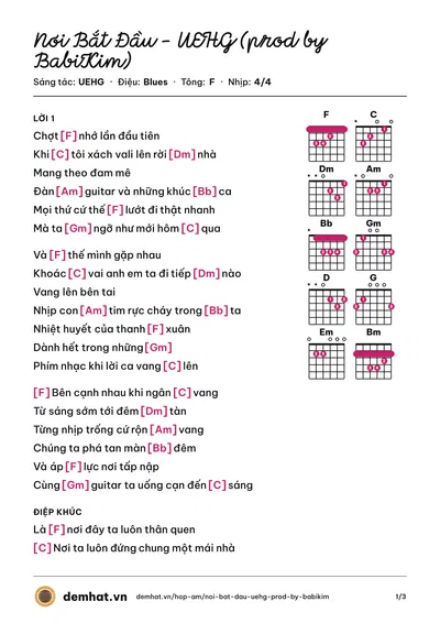 Hợp âm Nơi Bắt Đầu - UEHG (prod by BabiKim) (Đào Dương) – bản nhạc PDF trang 1, tông F