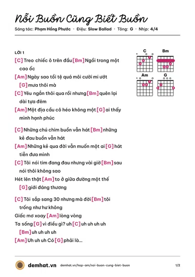 Hợp âm Nỗi Buồn Cũng Biết Buồn (Phạm Hồng Phước) – bản nhạc PDF trang 1, tông G