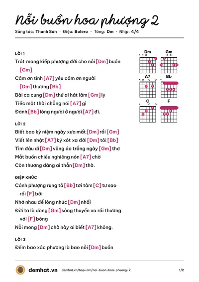 Hợp âm Nỗi buồn hoa phượng 2 (Mộng Thi) – bản nhạc PDF trang 1, tông Dm