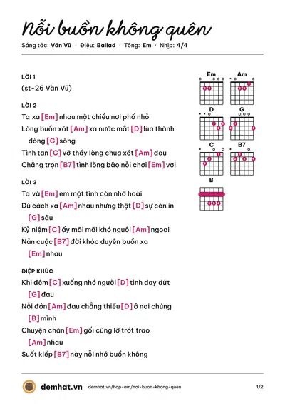 Hợp âm Nỗi buồn không quên (Văn Vũ) – bản nhạc PDF trang 1, tông Em