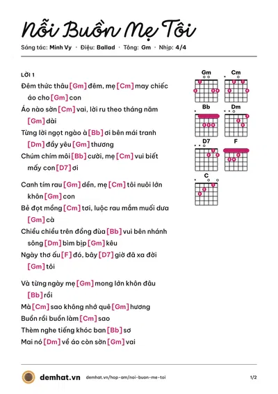 Hợp âm Nỗi Buồn Mẹ Tôi (Cẩm Ly) – bản nhạc PDF trang 1, tông Gm