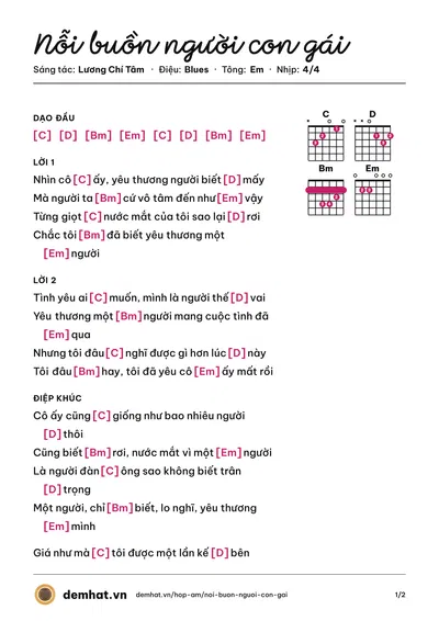 Hợp âm Nỗi buồn người con gái (Hàn Hải) – bản nhạc PDF trang 1, tông Em