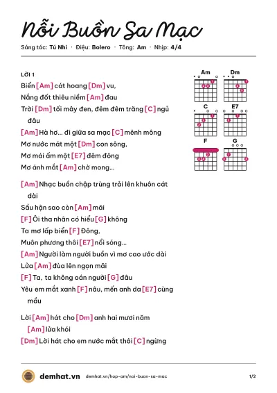 Hợp âm Nỗi Buồn Sa Mạc (Trường Vũ) – bản nhạc PDF trang 1, tông Am