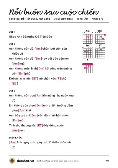Hợp âm Nỗi buồn sau cuộc chiến (Lâm Nhật Tiến) – bản nhạc PDF trang 1, tông Am
