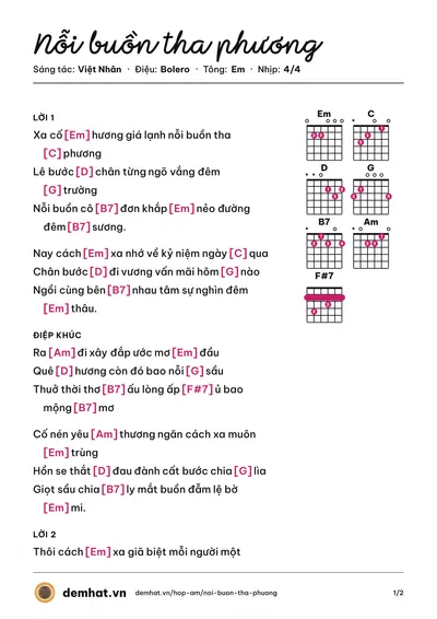 Hợp âm Nỗi buồn tha phương (Quang Lập) – bản nhạc PDF trang 1, tông Em