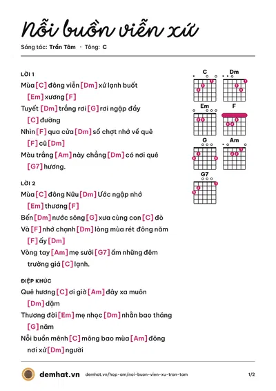 Hợp âm Nỗi buồn viễn xứ (Bạch Trà) – bản nhạc PDF trang 1, tông C